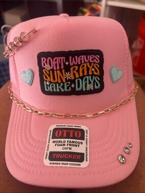 OTTO Pink Trucker Hat with 'Sun Rays' Embroidered Patch and Chain